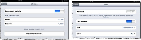 Impostazioni 3G e Utilizzo iPad