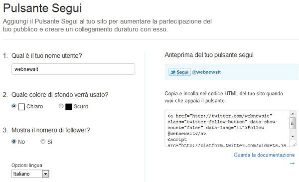 Pannello per il codice del pulsante Segui su Twitter