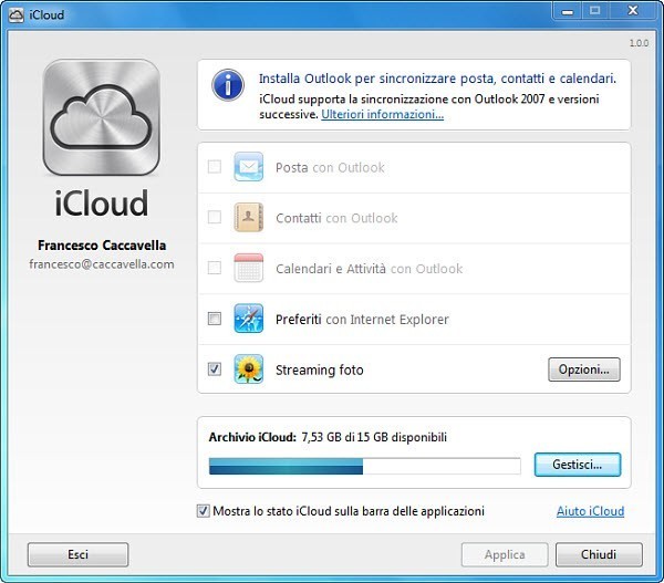 Pannello di controllo iCloud per Windows Pannello di controllo iCloud per Windows