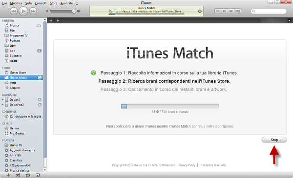 Usare iTunes Match: passo 5