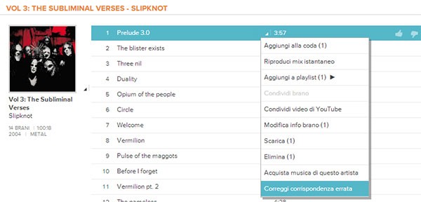 Google Music, l'opzione "correggi corrispondenza esatta"