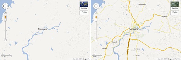 Pyongyang, la capitale della Corea del Nord, prima e dopo l'aggiornamento odierno di Google Maps