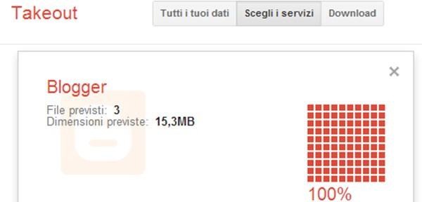 La schermata di Google Takeout che mostra l'esportazione dei file da Blogger