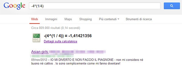 I risultati della query -4^(1/4) mostrati su Google, contenenti link a siti pornografici