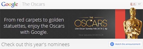 La pagina di Google dedicata agli Oscar, con tutte le nomination e i film in gara