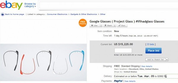 Google Glass in vendita su eBay; le offerte sono arrivate a 15.900 dollari, ma l'inserzione è stata cancellata
