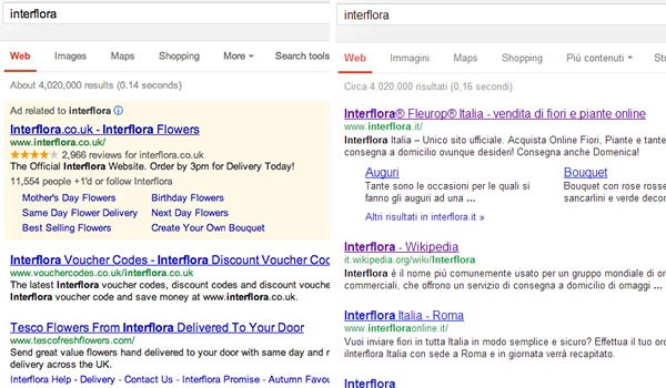 La SERP per la keyword "interflora": differenze tra la versione britannica di Google (sinistra) e quella italiana (destra)