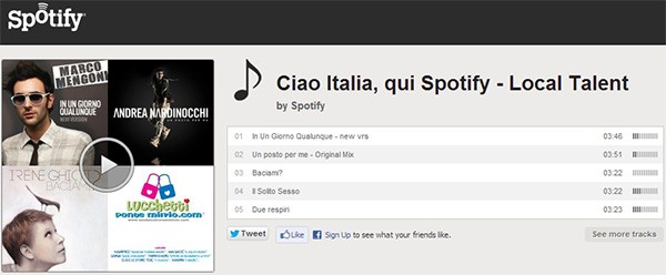 Alcuni brani dei cantanti nostrani inseriti da Spotify nella playlist "Ciao Italia"