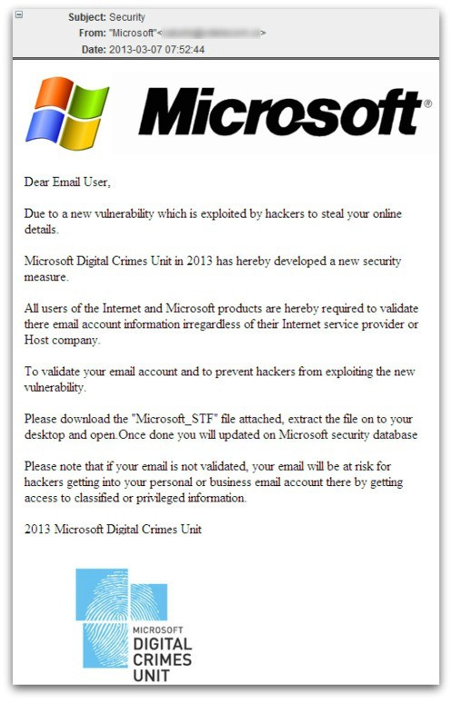 Messaggio di phishing Microsoft