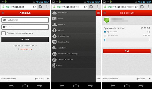 Screenshot per la versione mobile di MEGA lanciata oggi: presente anche il supporto all'italiano