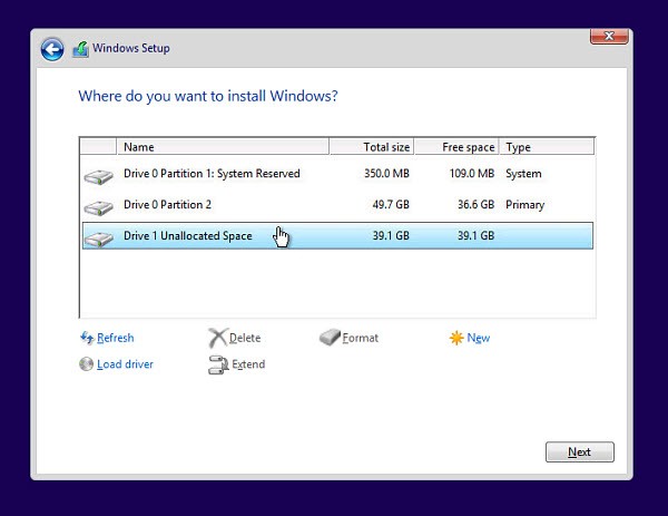 Windows 8.1 Preview: selezione della partizione di installazione