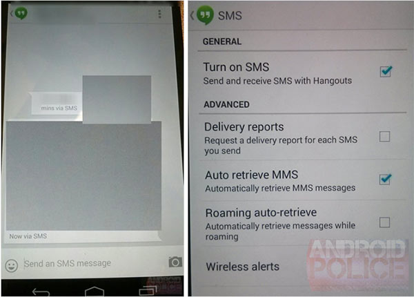 Screenshot per l'applicazione Hangouts, che mostrano l'integrazione di SMS e MMS