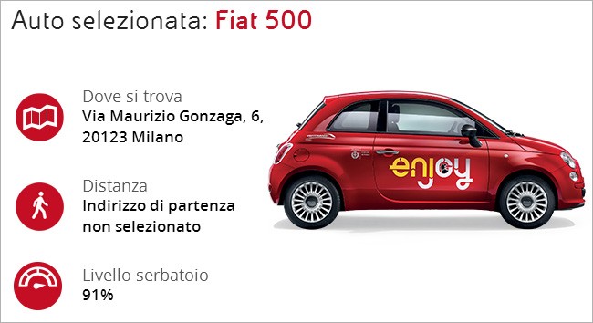 La scheda di una delle automobili messe a disposizione dal servizio di car sharing enjoy di Eni, con informazioni dettagliate sulla posizione, sul livello del serbatoio e le istruzioni per raggiungerla o prenotarla