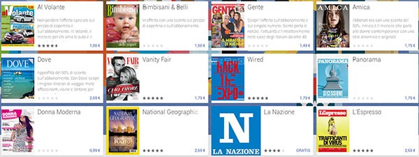 Alcune delle prime riviste disponibili per l'acquisto in Italia su Google Play Edicola