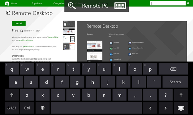 La tastiera remota in Remote Desktop 8.1.2 per Windows Phone 8.1.