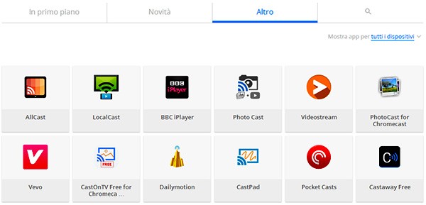 L'elenco delle applicazioni compatibili mostrato nel nuovo sito ufficiale di Chromecast