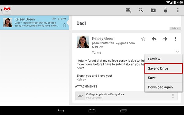 I documenti allegati alla posta elettronica ricevuta su Gmail possono essere salvati direttamente all'interno di Google Drive, anche tramite dispositivi mobile