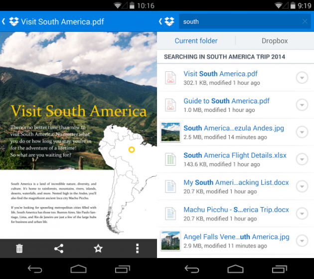 Anteprime dei documenti e smart search in Dropbox per Android.