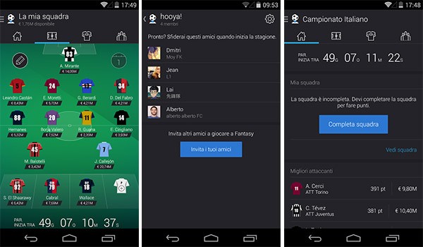 Screenshot dalla versione Android dell'applicazione Yahoo! Fantasy Calcio