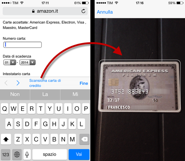 iOS 8 Scansione carta di credito