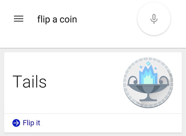 Con il comando "Ok Google, flip a coin" è possibile lanciare una moneta virtuale sul proprio dispositivo Android