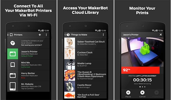 Screenshot per l'applicazione Android di MakerBot, dedicata alle stampanti 3D