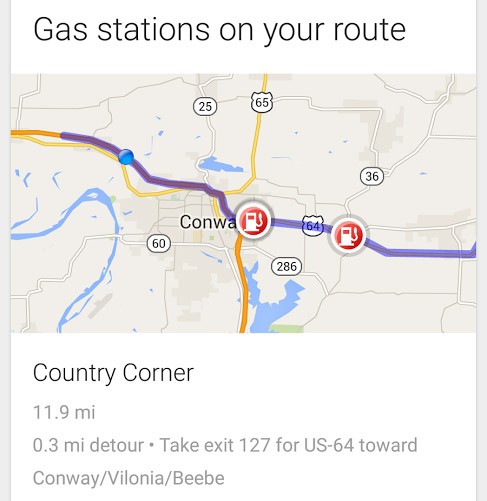 Una nuova scheda di Google Now mostra le stazioni di servizio posizionate lungo il tragitto