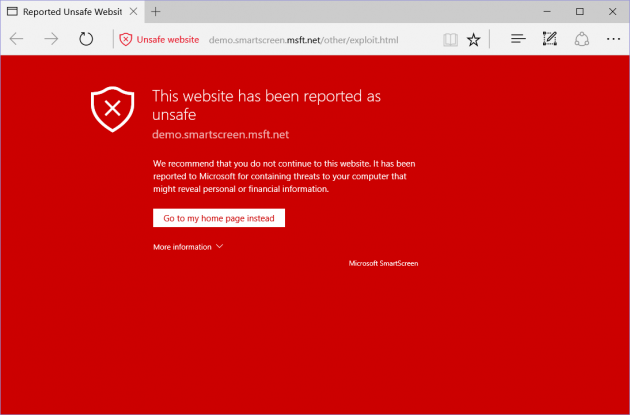 L'avviso mostrato in Microsoft Edge quando SmartScreen rileva un contenuto pericoloso.