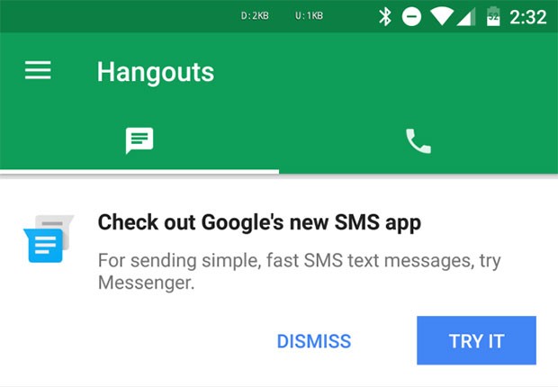 Hangouts 7.0 consiglia il download dell'applicazione Messenger per SMS e MMS