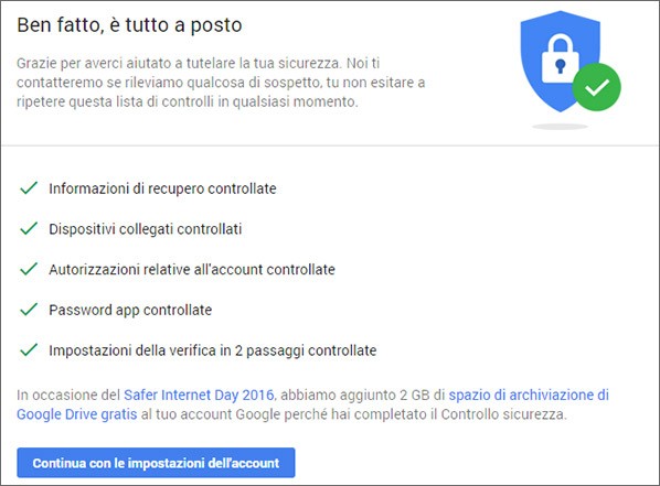 Completando il Controllo Sicurezza del proprio account Google si ottengono 2 GB di spazio gratis su Drive