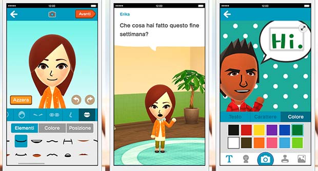 Screenshot per l'applicazione Miitomo di Nintendo, per dispositivi Android e iOS