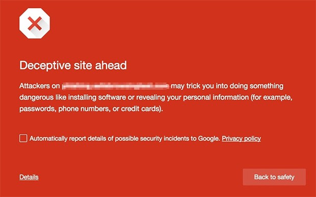 La schermata rossa mostrata dalla funzionalità Safe Browsing di Chrome per i siti e le pagine ritenute pericolose o ingannevoli