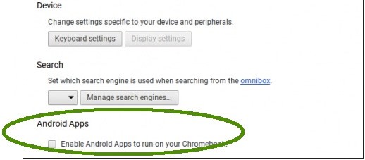 L'opzione "Enable Android Apps to run on your Chromebook" notata da alcuni utenti su Chrome OS