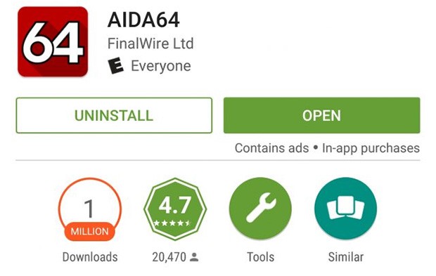 La scheda dell'applicazione AIDA64 su Play Store, che segnala la presenza di pubblicità