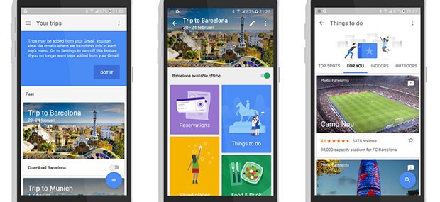 Screenshot per l'interfaccia dell'applicazione Google Trips