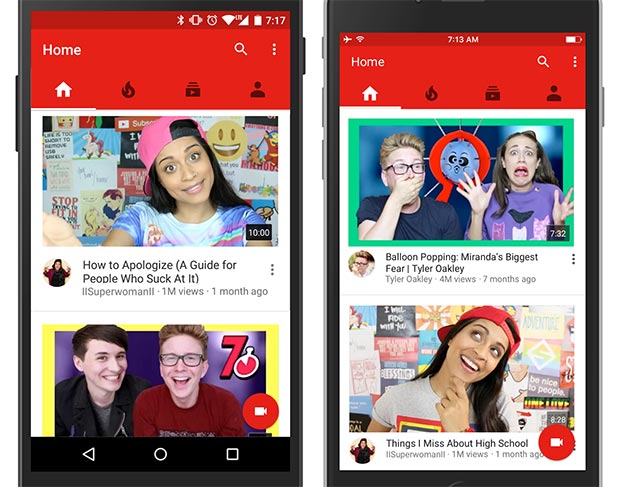 La nuova schermata principale dell'applicazione YouTube per Android (a sinistra) e iOS (a destra)