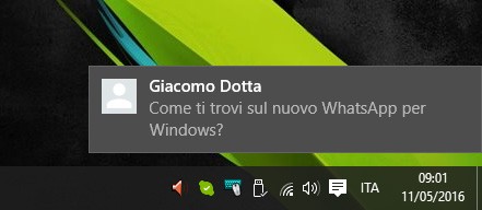 La notifica visualizzata da WhatsApp per computer alla ricezione di un messaggio