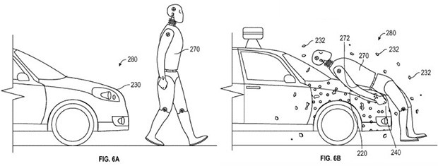 Uno schema esplicativo contenuto nel brevetto di Google che mira a proteggere i pedoni in caso di incidenti