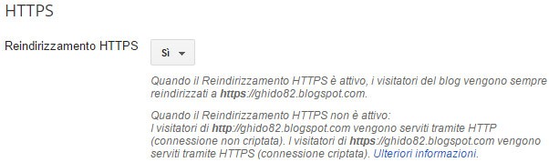 La nuova impostazione "Reindirizzamento HTTPS" per i blog del circuito Blogger