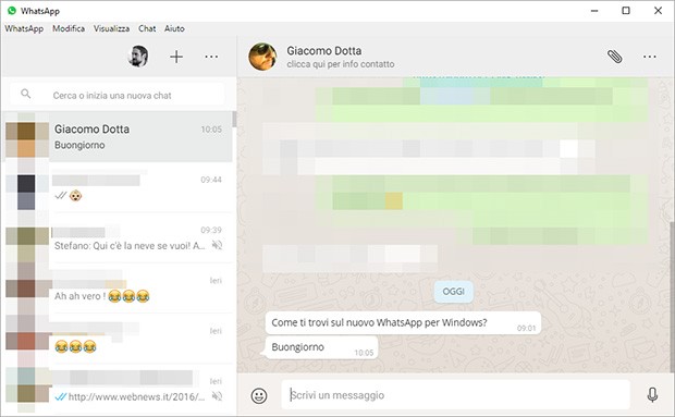 L'interfaccia di WhatsApp per computer su Windows