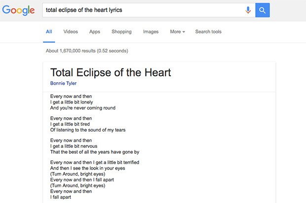 Il testo di una canzone visualizzato nella pagina dei risultati su Google