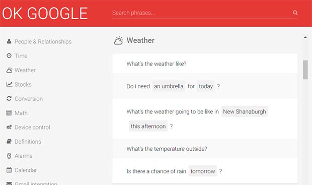 Alcuni dei comandi vocali "Ok Google" supportati dall'assistente virtuale Google Now