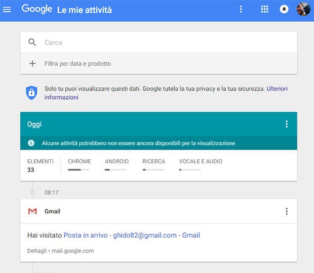 Il sito Le mie attività riassume tutte le azioni compiute dall'utente e connesse al proprio account Google