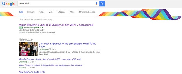 La SERP (pagina dei risultati) di Google per la query "pride 2016" si tinge di arcobaleno