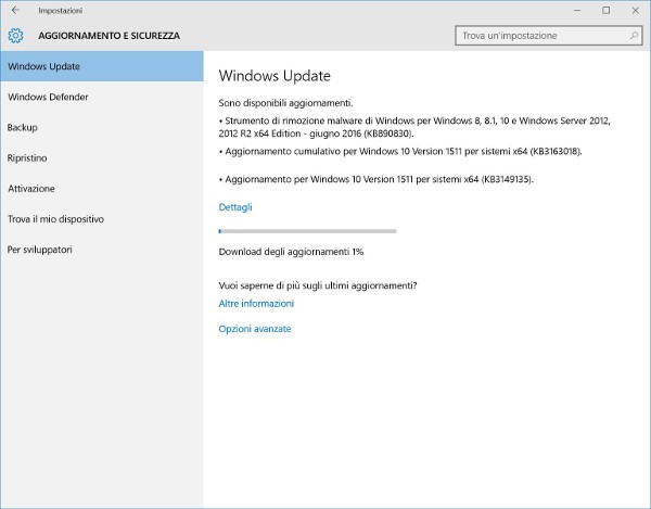 Windows 10, update cumulativo