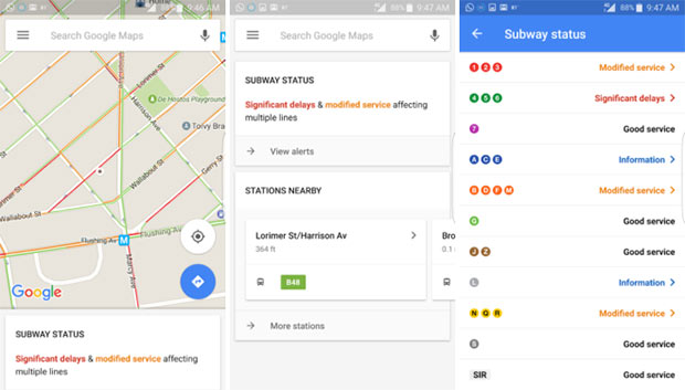 Le notifiche sui ritardi dei mezzi pubblici visualizzate dall'applicazione Google Maps