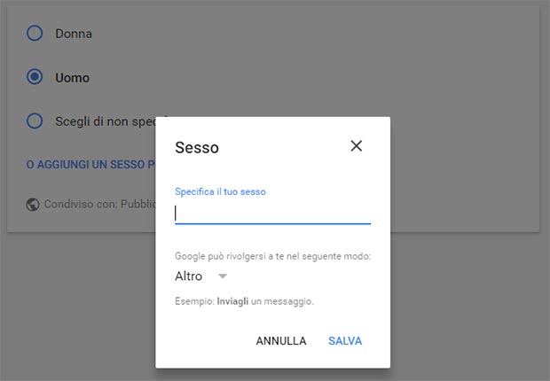 Nelle impostazioni del proprio account, Google consente di specificare un genere personalizzato alla voce "Sesso".