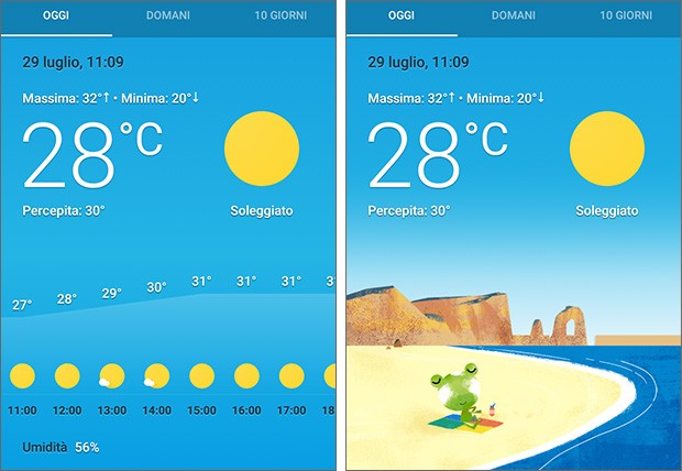 Screenshot per la nuova scheda Meteo dell'assistente Google Now, da oggi disponibile anche in Italia per tutti gli utenti Android