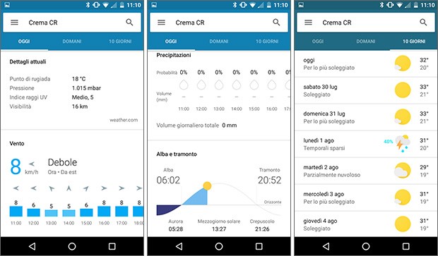 Screenshot per la nuova scheda Meteo dell'assistente Google Now, da oggi disponibile anche in Italia per tutti gli utenti Android