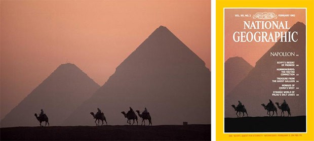 La copertina del National Geographic del febbraio 1982, con la foto delle piramidi di Giza scattata da Gordon Gahan e pesantemente modificata in fase di post-produzione